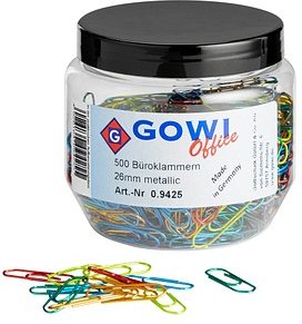 Gowi Büroklammern farbsortiert metallic lackiert , 500 St.