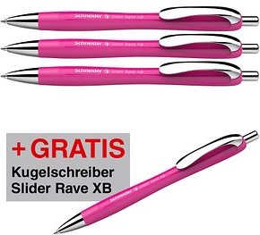 Thumbnail - 3 + 1 GRATIS: Schneider Kugelschreiber Slider Rave XB pink, Schreibfarbe: blau, 3 St. + GRATIS 1 Slider Rave XB pink