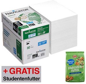 AKTION: NAVIGATOR Kopierpapier Universal DIN A4 80 g/qm 2x 2.500 Blatt + GRATIS GENUSS PLUS STUDENTENFUTTER 500,0 g