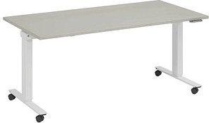Thumbnail - fm Topspin elektrisch höhenverstellbarer Schreibtisch lichtgrau, verkehrsweiß rechteckig, T-Fuß-Gestell mit Rollen weiß ...