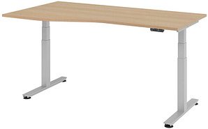 Thumbnail - HAMMERBACHER VXDSM18 elektrisch höhenverstellbarer Schreibtisch eiche Trapezform, T-Fuß-Gestell silber 180,0 x 100,0 cm