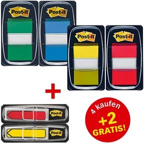 AKTION: Post-it® Index Haftmarker farbsortiert 4x 50 Streifen + GRATIS 2x Index-Pfeile à 24 Streifen