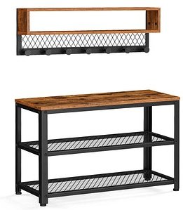 VASAGLE Garderobenbank mit Haken und Schuhrost LCR073K01 vintagebraun, schwarz Holz 73,0/75,1 cm