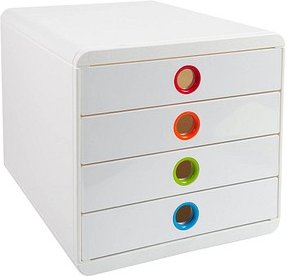 Exacompta Schubladenbox POP-BOX weiß mit bunten Grifflöchern 314398D, DIN A4 mit 4 Schubladen, 1 St.