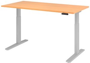 HAMMERBACHER Prokura elektrisch höhenverstellbarer Schreibtisch buche rechteckig, C-Fuß-Gestell silber 160,0 x 80,0 cm