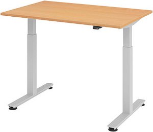 HAMMERBACHER XMST12 elektrisch höhenverstellbarer Schreibtisch buche rechteckig, T-Fuß-Gestell silber 120,0 x 80,0 cm