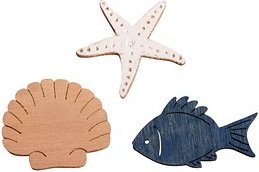 Rayher Holz-Streudeko blau/weiß/natur Fisch, Muschel, Seestern, 18 St.