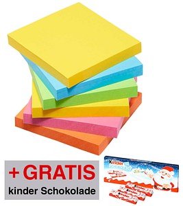 AKTION: Post-it® Super Sticky Carnival Haftnotizen extrastark farbsortiert, 6 Blöcke + GRATIS kinder Schokolade 12 St./ ...