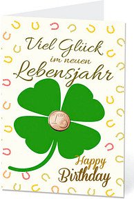 LUMA Geburtstagskarte Kleeblatt mit Glückscent DIN B6