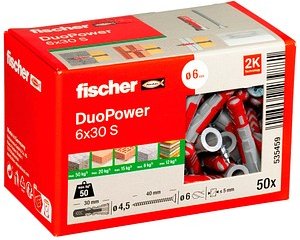 Thumbnail - fischer DuoPower 6x30 S 2K 535459 Dübel mit Schrauben Ø 6 mm x 30 mm, 50 St.