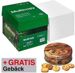 AKTION: Multicopy Kopierpapier ORIGINAL DIN A4 80 g/qm 2x 2.500 Blatt + GRATIS Dänische Butter- und Schokoladen-Kekse 50...