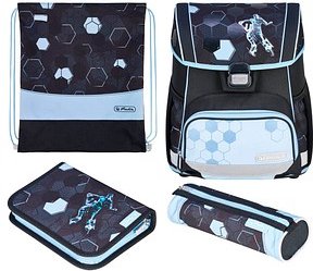 herlitz Schulranzen-Set Loop Plus Cyber Soccer Kunstfaser grün