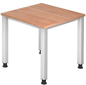 HAMMERBACHER QS08 höhenverstellbarer Schreibtisch nussbaum quadratisch, 4-Fuß-Gestell silber 80,0 x 80,0 cm