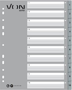 VON LEITZ Register DIN A4 Überbreite 1-10 grau-weiß 20-teilig, 1 Satz