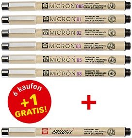 6 + 1 GRATIS: Sakura Pigma Micron Fineliner-Set schwarz, 6 St. + GRATIS Brush-Pen