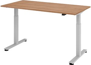 HAMMERBACHER XMST16 elektrisch höhenverstellbarer Schreibtisch nussbaum rechteckig, T-Fuß-Gestell silber 160,0 x 80,0 cm