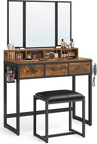 VASAGLE Schminktisch braun, schwarz rechteckig, Kufen-Gestell schwarz, 90,0 x 40,0 x 141,0 cm