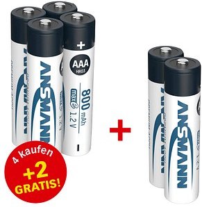 4 + 2 GRATIS: ANSMANN Akkus maxE Ni-MH Micro AAA 800 mAh, 4 St. + GRATIS 2 St.