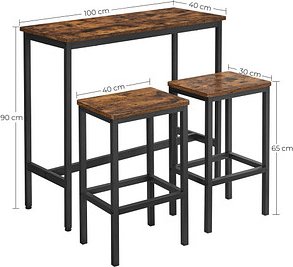 VASAGLE Bartisch-Set, schwarz Holz, Metall, 3-teilig