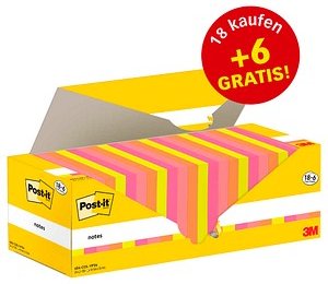 18 + 6 GRATIS: Post-it® Haftnotizen farbsortiert, 18 Blöcke + GRATIS 6 Blöcke
