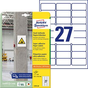 Thumbnail - 540 AVERY Zweckform Power-Etiketten L7874-20 weiß 63,5 x 29,6 mm