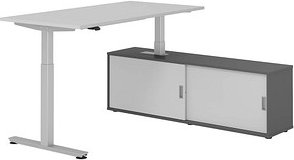 Thumbnail - HAMMERBACHER VXMST16SB elektrisch höhenverstellbarer Schreibtisch lichtgrau rechteckig, T-Fuß-Gestell silber 160,0 x 80,...