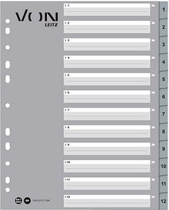 VON LEITZ Register DIN A4 Überbreite 1-12 grau-weiß 12-teilig, 1 Satz