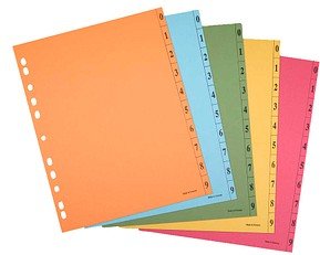 Trennblätter DIN A4 0-9 farbsortiert, 250 g/qm, 100 Blatt