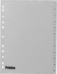 Printus Ordnerregister DIN A4 Vollformat 1-12 grau 12-teilig, 1 Satz