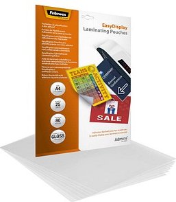 25 Fellowes Admire EasyDisplay Laminierfolien glänzend für A4 80 micron selbstklebender Rücken