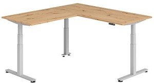 Thumbnail - HAMMERBACHER XDSMW1912 elektrisch höhenverstellbarer Schreibtisch asteiche rechteckig, T-Fuß-Gestell silber 180,0 x 200,...