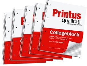 Printus Collegeblöcke kariert DIN A4 Innenrand, 5 Blöcke