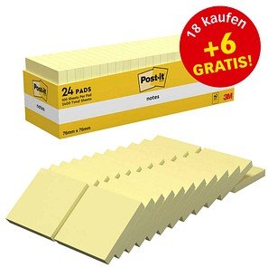18 + 6 GRATIS: Post-it® Haftnotizen gelb, 18 Blöcke + GRATIS 6 Blöcke