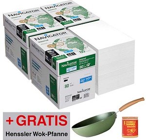 AKTION: NAVIGATOR Kopierpapier Universal DIN A4 80 g/qm 4x 2.500 Blatt + GRATIS JUST VEGAN Wok-Pfanne + Henssler Wok-Gew...
