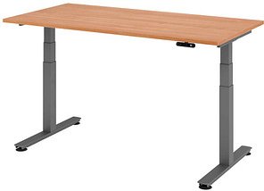 Thumbnail - HAMMERBACHER XDSM16 elektrisch höhenverstellbarer Schreibtisch nussbaum rechteckig, T-Fuß-Gestell grau 160,0 x 80,0 cm