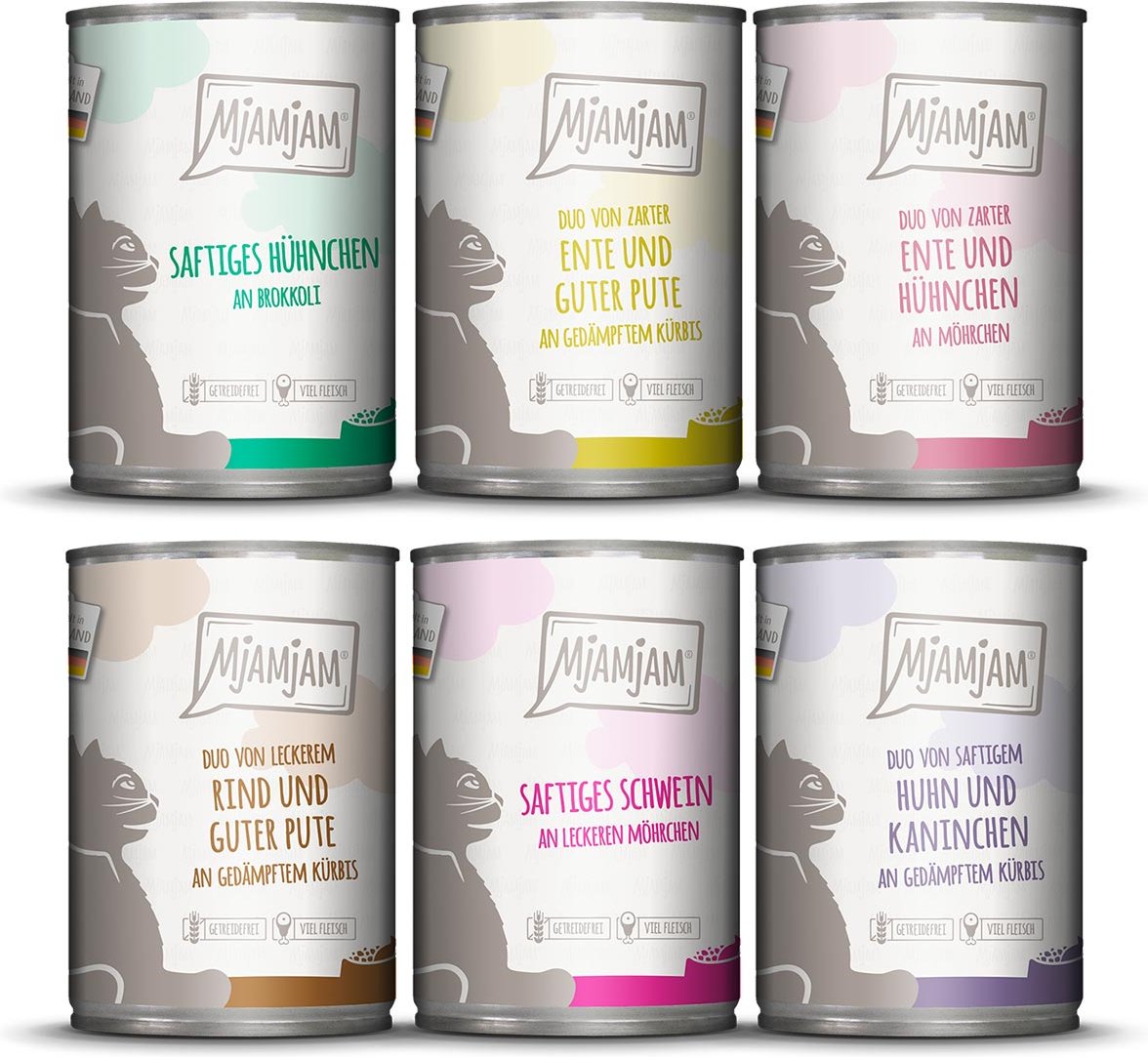 MjAMjAM Mixpaket VII Huhn, Ente&Pute, Ente&Huhn, Rind&Pute, Schwein, Huhn&Kaninchen 24x400g