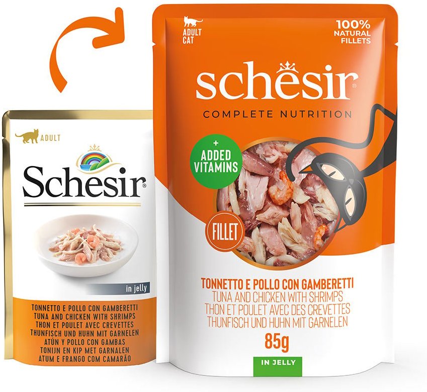 Schesir Cat Complete Thunfisch, Huhn, Garnelen in Jelly 12x85 g