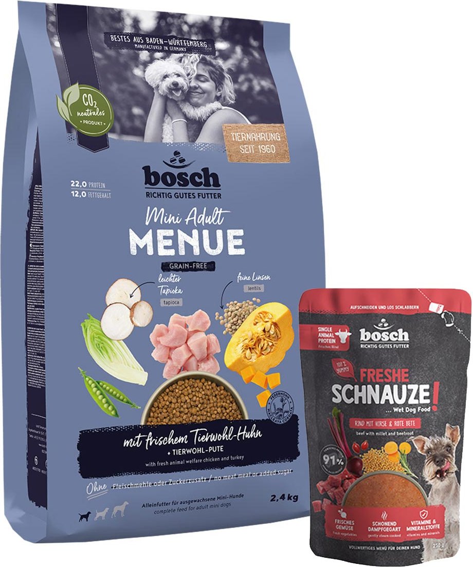 Bosch HPC MENUE Mini Tierwohl-Huhn 2,4 kg + Freshe Schnauze 250 g gratis