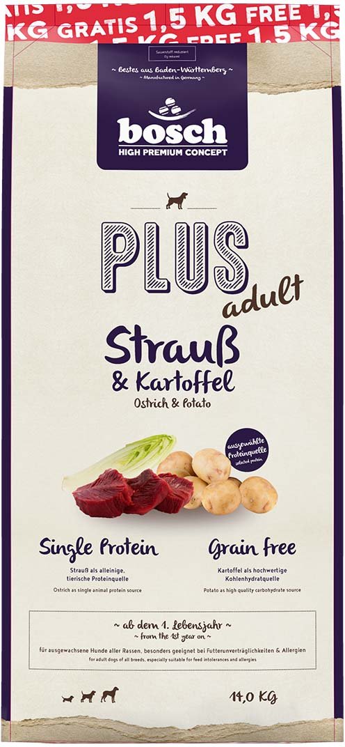 Bosch PLUS Hunde-Trockenfutter Strauß & Kartoffel 12,5+1,5kg gratis