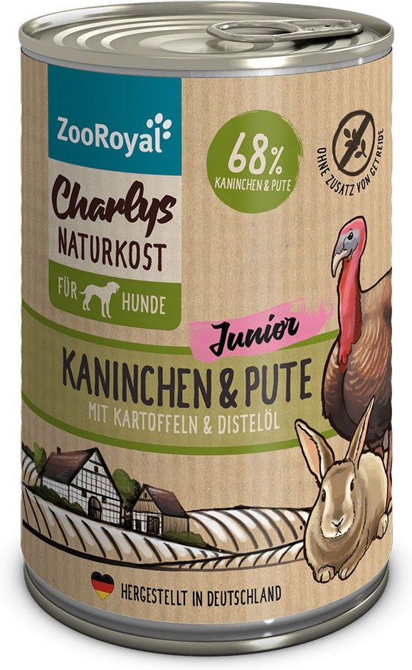 ZooRoyal Charlys Naturkost Junior Kaninchen & Pute mit Kartoffeln & Distelöl 6x400g
