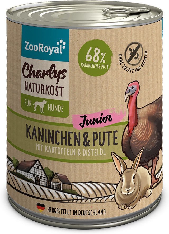 ZooRoyal Charlys Naturkost Junior Kaninchen, Pute, Kartoffeln & Distelöl 6x800g