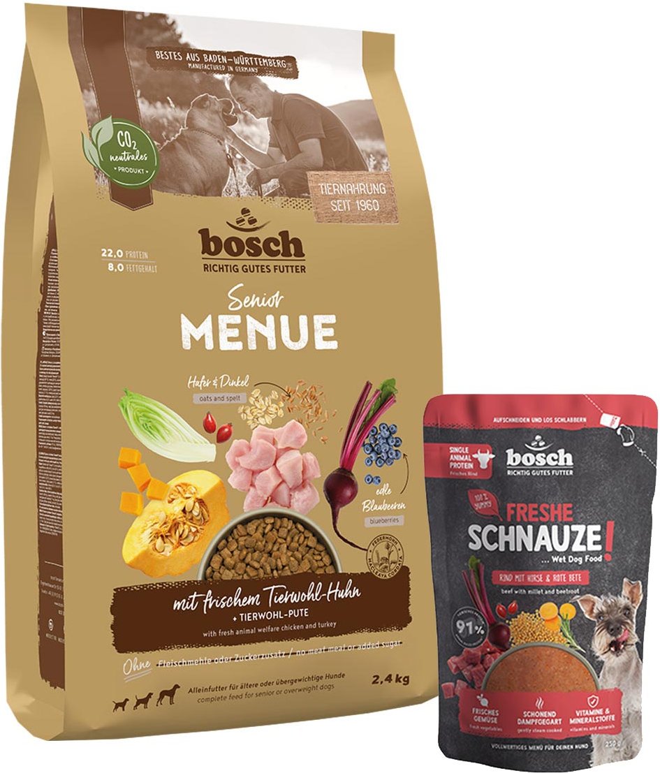 Bosch HPC MENUE Senior Tierwohl-Huhn 2,4 kg + Freshe Schnauze 250 g gratis