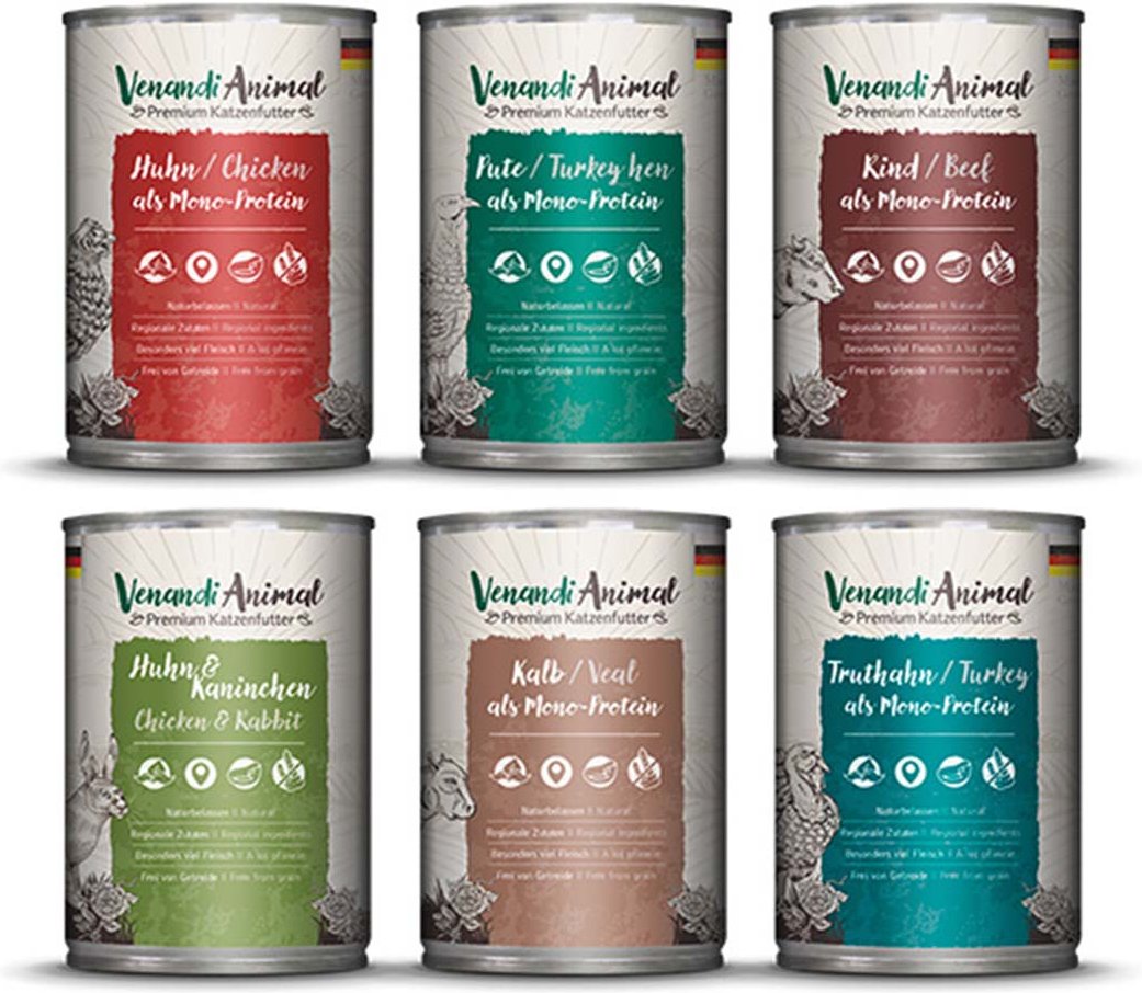 Venandi Animal - Probierpaket III Huhn, Pute, Rind, Huhn & Kaninchen, Kalb, Truthahn 12x400g