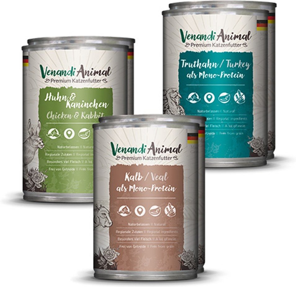 Thumbnail - Venandi Animal - Probierpaket II 2xHuhn & Kaninchen, 2xKalb, 2xTruthahn 6x400g