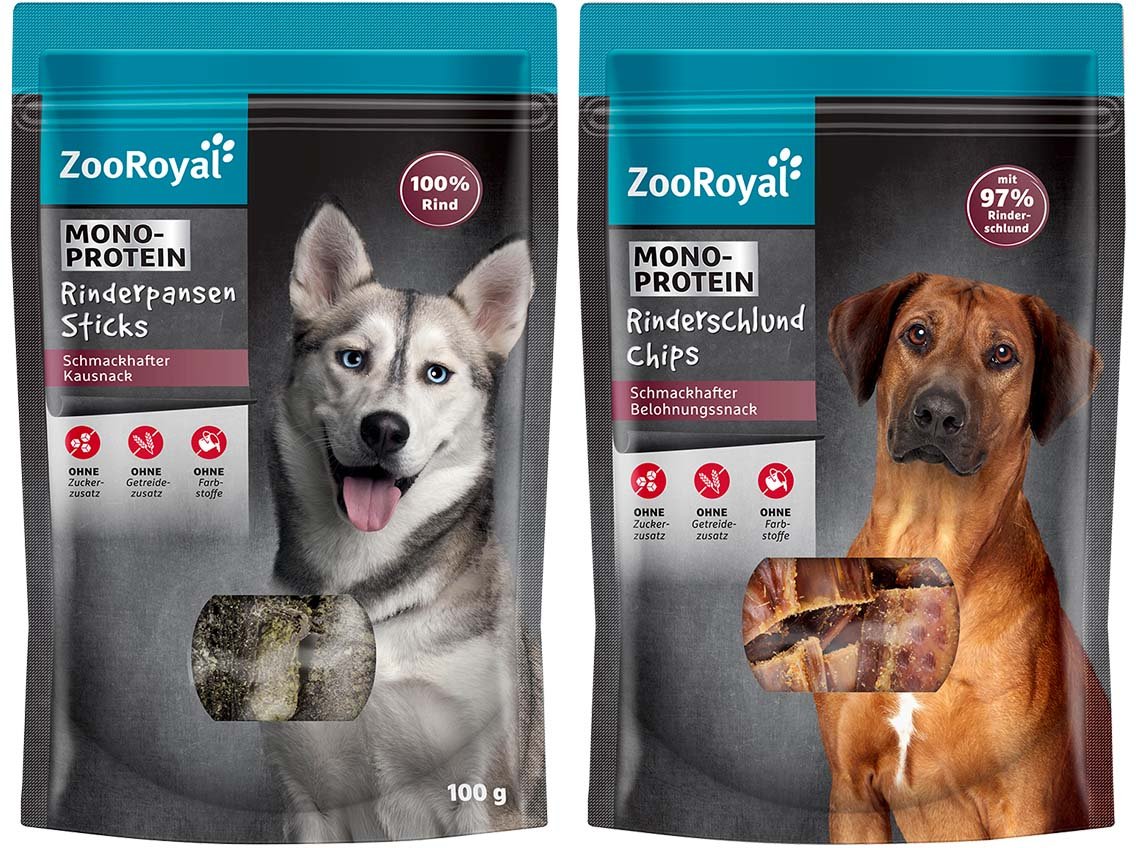 ZooRoyal Rinderpansen Sticks und Rinderschlund Chips Mixpaket 8x100g