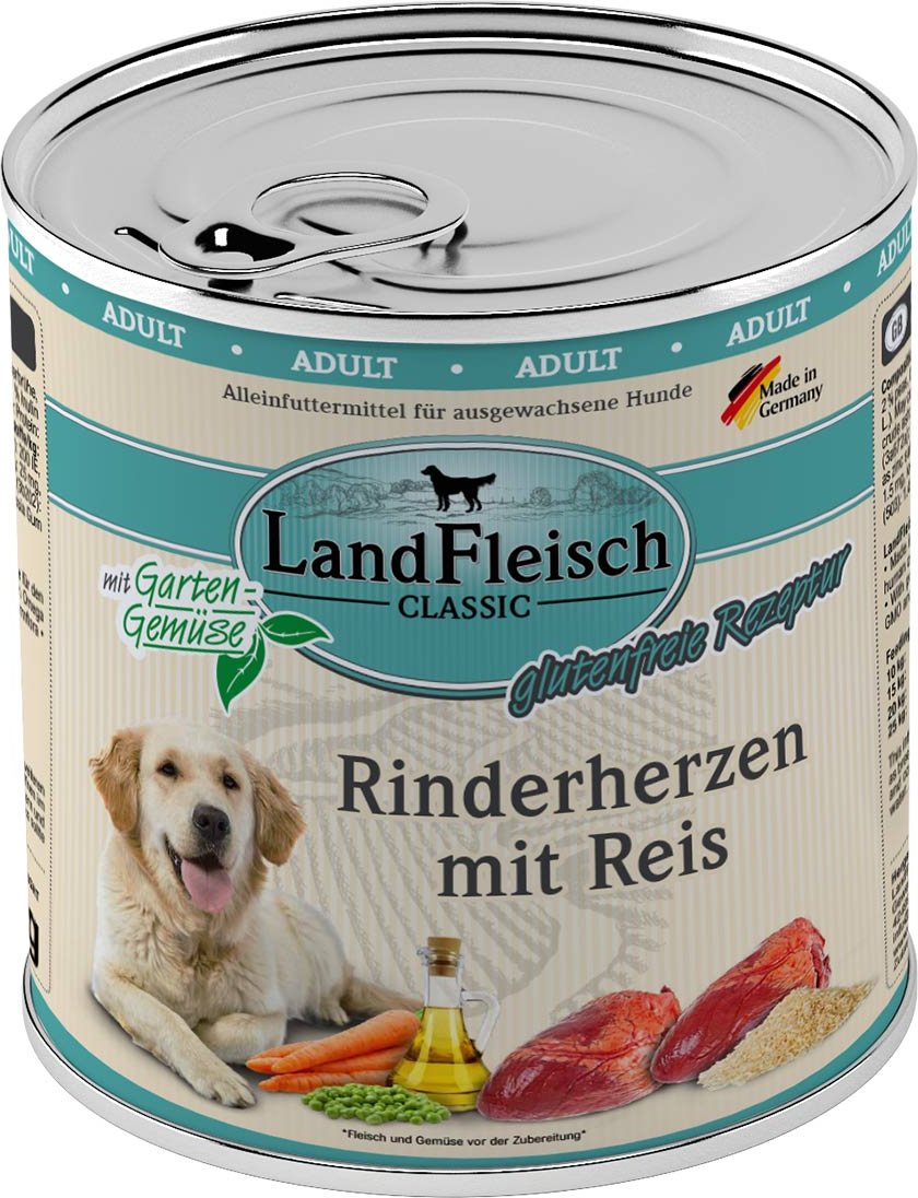 LandFleisch Dog Classic Rinderherzen mit Reis 6x800g