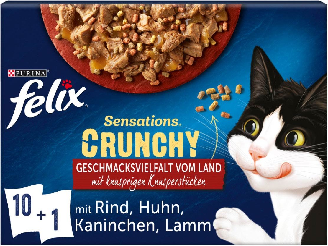 FELIX Sensations Crunchy Geschmacksvielfalt vom Land 10x85g + 1x40g Knusperstückchen