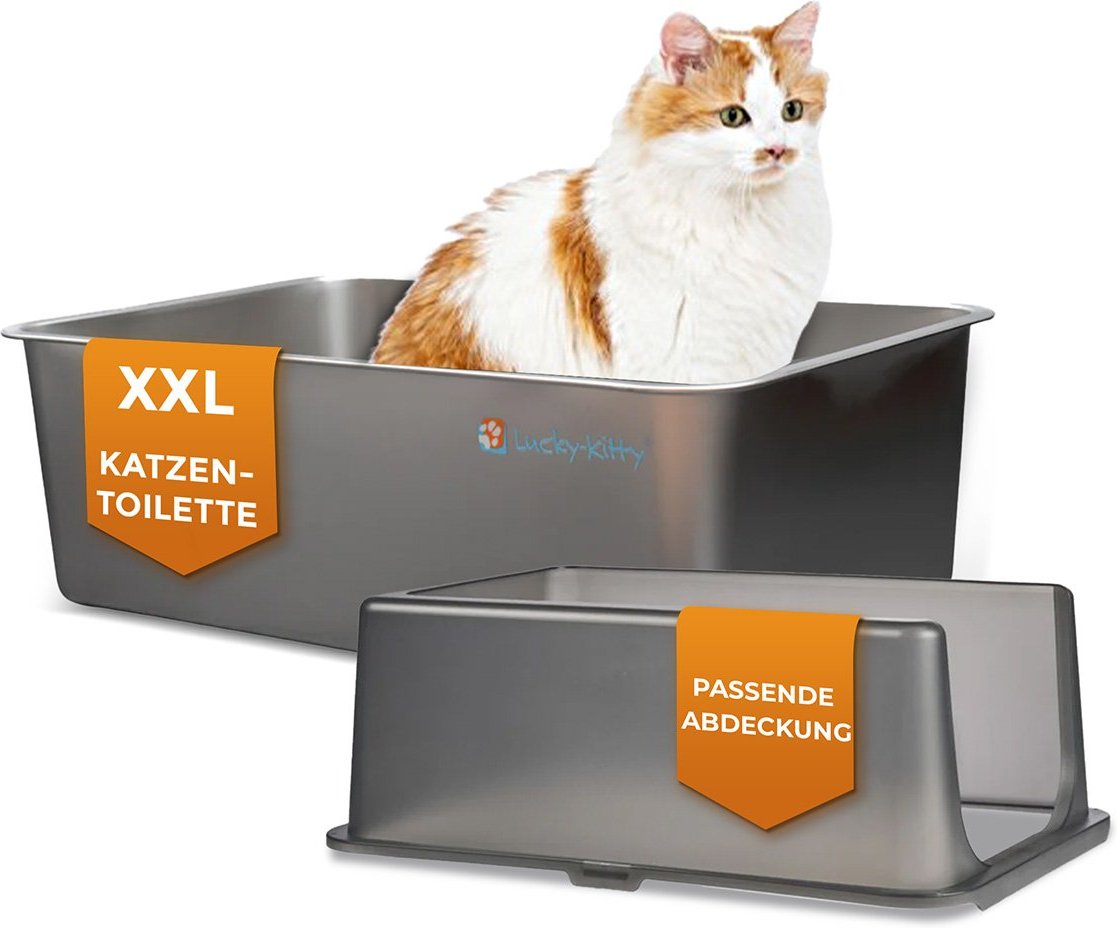 Lucky Kitty XXL Katzentoilette mit Haube – Edelstahl natur