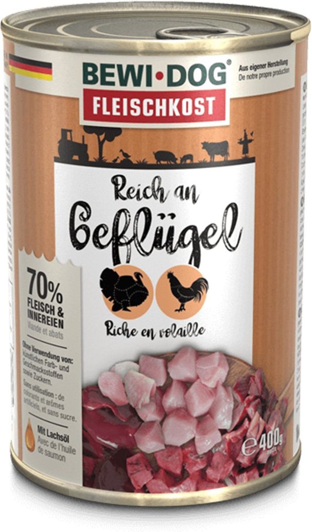 Bewi Dog Fleischkost Reich an Geflügel 6x400g