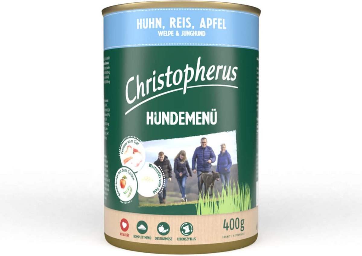 Christopherus Hundemenü Junior Huhn, Reis und Apfel 12x400g